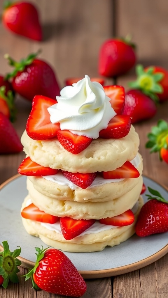 A classic strawberry shortcake with layers of biscuits, strawberries, and whipped cream on a rustic table.